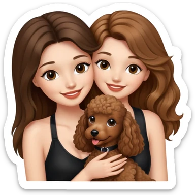 a girl with long balayage straight hair and long lashes, smiling, wearing black halterneck top, and holding and kissing a brown poodle sticker