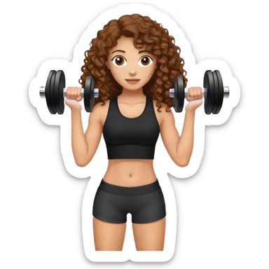 white woman with long brown curly hair in black top and shorts holding dumbbell sticker