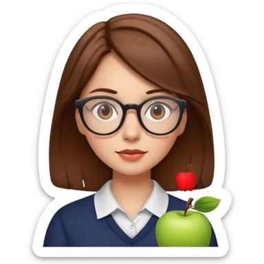 emoji of a young woman with glasses and brown hair, Apple style sticker