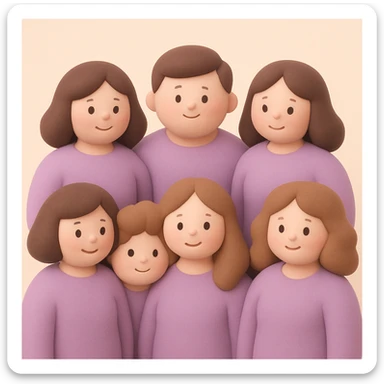 A group of 7 people: 1 man and 6 women, all wearing purple tops, in mochi style with soft pastel colors, rounded shapes, and friendly expressions. sticker