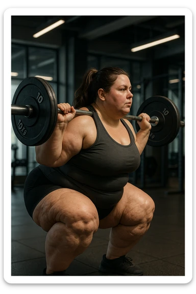 donna grassa con lipedema alle gambe che fa uno squat di profilo con bilanciere, IPERREALISTICA 4K sticker