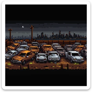 Pixel art junkyard at night, crushed cars, rusty metal, broken fence, flickering light, city lights far in the background, vertical 9:16 scene, side-view camera, retro arcade fighting stage
 sticker