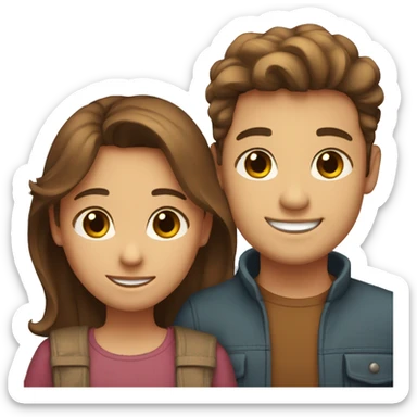 the couple hugs with warm smiles. a young girl with long brown hair and brown eyes, a young guy with brown short hair and brown eyes sticker