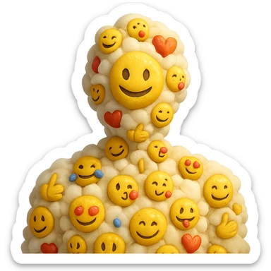 person composed entirely of volumetric emoji clouds, shoulder view, looking straight ahead sticker