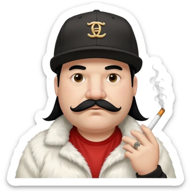 a fat father with white fur, black hair, a hip hop cap, a tattoo with a cigarette in his mouth, and a mustache. sticker