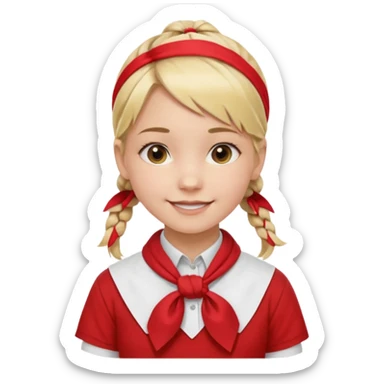 A Soviet pioneer girl emoji — smiling young girl with blonde hair tied into two short braids. She wears a white school shirt and a wide bright red pioneer neckerchief tied in a loose triangular knot at the chest (not a necktie). No suspenders, no jacket, no hat. Без красных повязок на голове sticker