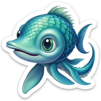 "A young sea creature with smooth, blue-green scales covering his body, large expressive eyes filled with curiosity, and small fin-like ears. His hair transforms into sleek, fin-like tendrils, and his limbs have subtle webbing between the fingers and toes. Still human form sticker