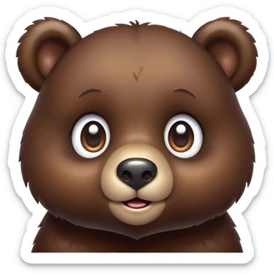 Cinematic Cute Bear Portrait Emoji, Head tilted playfully and inquisitively, featuring a glossy dark brown fur with a natural sheen and round, sparkling eyes filled with gentle curiosity, Simplified yet irresistibly adorable features, highly detailed, glowing with a warm, friendly glow, high shine, affectionate and mighty, stylized with a touch of woodland whimsy, bright and endearing, soft glowing outline, capturing the essence of a mischievous yet loving bear, so playful it feels like it could amble out of the screen and into your arms! sticker