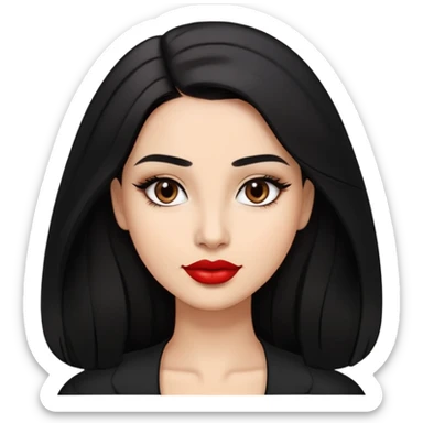 Confident young woman with oval face, elegant features, dark brown eyes, arched eyebrows, red lipstick, light brown skin, long black hair, wearing a black top sticker