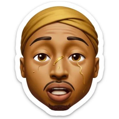 tupac but he's made of gold but he's also in an unbearable amount of pain, he has a really pained expression, his mouth is wide opened and his eyes are closed sticker