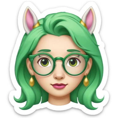 unicorn with green hair and big earrings looking into camera and spectacle sticker