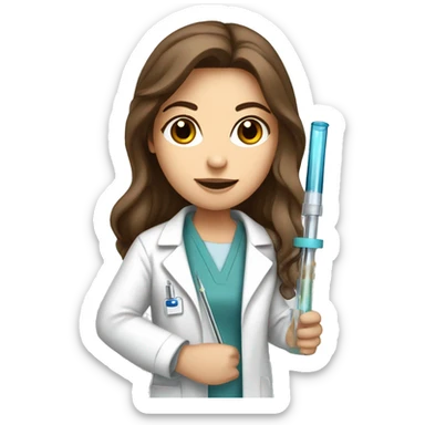 White Girl with long brown hair and brown eyes in a lab coat holding a pipette sticker