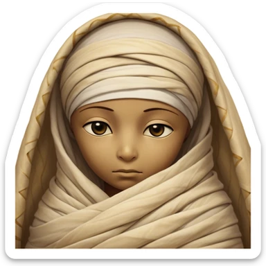 A snug, cozily wrapped mummy, fully encased in soft, slightly loose bandages, even its face gently hidden behind folds with only a tiny glimpse of sleepy eyes, nestled in warm, faded tones with gentle golden accents, simplified yet irresistibly charming, highly detailed with a soft glowing outline capturing the peaceful aura of an ancient being drifting into rest! sticker