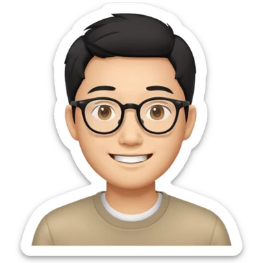 Asian man with short black hair, glasses, friendly smile, Josh Lim character sticker