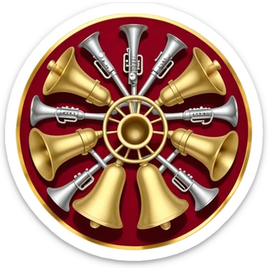 Create a festive and elegant emoji collage featuring a bouquet or fan of brass instrument bells (trumpets, saxophones, trombones, etc.) arranged in a radiant, symmetrical pattern. The instruments should have polished, golden and silver finishes, with their large, shiny bells forming a beautiful, fan-like display. Include a flowing ribbon of musical notes swirling through the center, conveying movement and melody. The background should feature a deep red velvet texture, adding a touch of luxury and sophistication. The overall composition should be balanced, with an elegant and regal feel, with a transparent background to keep focus on the instruments and musical elements. sticker