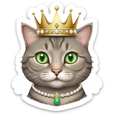fluffy cool grey tabby cat with green eyes, white tummy, a simple pearl necklace and crown sticker