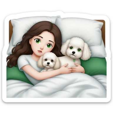Brunette Long hair girl with green eyes sick in bed by herself with one white bichon frise dog sticker