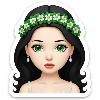 black haired green eyes very plump lips and floral bride headband that makes her hair look behind nicole peltz at wedding sticker