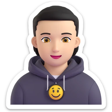 man with black military haircut, brown eyes, wearing 2 circle earrings and a black hoodie with a smiley face sticker