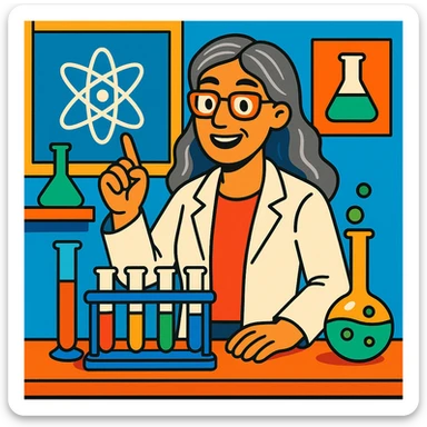woman science teacher with long graying hair, at a lab table with test tubes, in vibrant toon style sticker