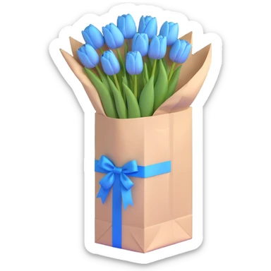 a bunch of pastel blue tulips arranged in a white paper bag with a blue ribbon, light blue tones, subtle shadows, minimal look, 3D iOS emoji style sticker