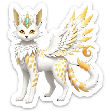 Epic complex fantasy glorious detailed futuristic divine godly angelic feathery sunny, white, albino, pastel, golden, orange glowing sparkly, realistic Fakémon-Sprigatito-Floragato-Meowscarada-Trico-Sergal-Serval-Solgaleo-Vernid-creature (full body) solarpunk, shiny sparkly with a gold laurel sticker