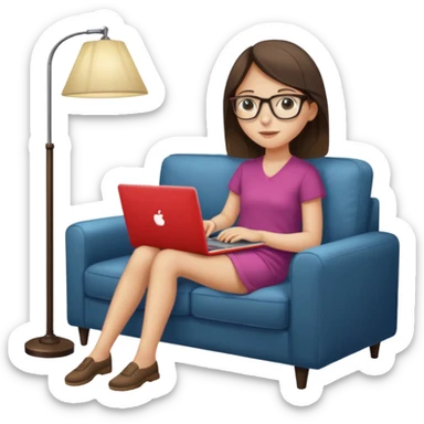 A girl is working with a laptop while lying on a sofa, with a floor lamp to the right. sticker