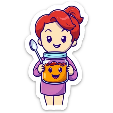 redhead woman with big smile holding a glass jar with jam in one hand and a little spoon with jam in other hand sticker