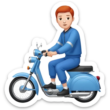 Un Solex 5000 de couleur blanche avec un homme aux guidon, habillé en bleu avec les cheveux courts et roux  sticker
