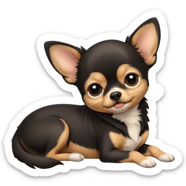 A high-resolution photo-realistic digital illustration of a cute black and tan chihuahua with big eyes shut sleeping lazily on the ground sticker