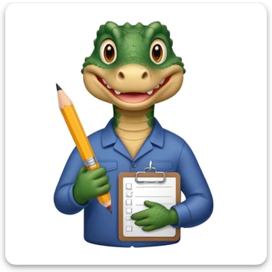 A gator with a clipboard and a pencil, offwhite background sticker