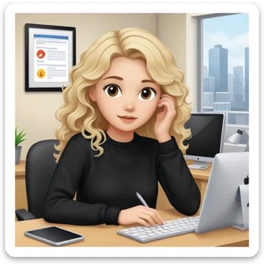 pretty brown-eyed blonde young woman with wavy hair, wearing a black sweater, working on a computer in a cozy office sticker