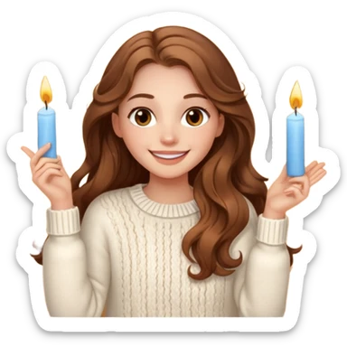 A pretty white girl with hazel brown eyes and long brown wavy hair in a cosy white knit sweater, she is celebrating her birthday and is happy sticker