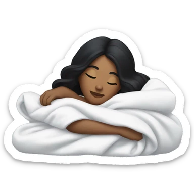 Woman with black hair  laying down cozy in a white blanket  sticker