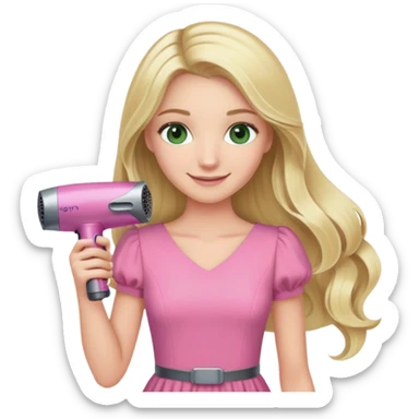 blonde with long hair and swamp eyes, wearing a pink dress, holding a Dyson hair dryer, smiling sticker