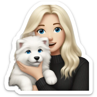 blonde girl with long hair and blue eyes in a black sweater holds a Samoyed puppy in her arms sticker