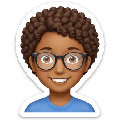 "- Nam
- 10 tuổi
- Da nâu
- Tóc ngắn, xoăn xù
- Cười tươi, đeo kính
" sticker