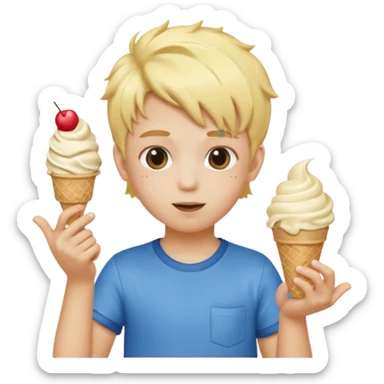 A kid with blonde icecream hair with two hands that are doing this 🫴 and flipped on the other side then have this emoji on the left hand 6️⃣ and this emoji in the other hand7️⃣ sticker