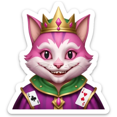 court jester cat medieval, single poker card joker clearly visible, pink, face only sticker