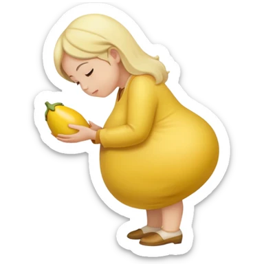 yellow eggplant placed on a pregnant person, bowing person turned to the side sticker