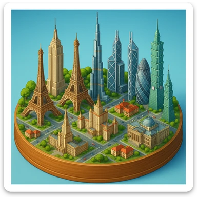 Оставь основу картинки - деревянную подставку, но при этом сгенерируй изометричная, яркая, детализированная и фотореалистичная иллюстрация где будет самые узнаваемые здания мира Эмпайр Стейт Билдинг, Эйфелева башня, здание МГУ, Бурдж-Халифа, Башни Петронас, Небоскрёб Фостера в Лондоне, Рейхстаг, Тайбэй sticker