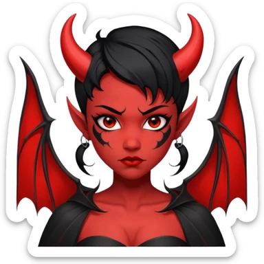 Demon girl: red skin, black hair, small horns, bat wing; tattoo-flash comic style; red/black palette; bold outlines; dark background; no text. sticker