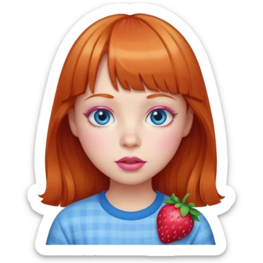 Ginger girl with bangs, big blue eyes, pink lips and cheeks, strawberry shirt  sticker