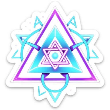 futuristic minimalistic logo icon, glowing triangle formed by three merging neon energy streams representing Storm, Atom, and NoizeGames, neon purple (#8B5CF6) and cyan (#00E0FF), dark background, unity and harmony design, no face, 1:1 aspect ratio sticker