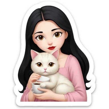 Beautiful Girl Long Hair black, Brows Big , Skin White, Dress Pale Pink , Big Red Lips, EyesCoffe , Hug Little baby Persa Cream Cat With Cute Eyes sticker