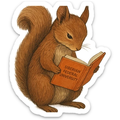 A cute brown squirrel with an orange book, studying at Siberian Federal University, looking down, full body, detailed fur, intelligent and beautiful sticker