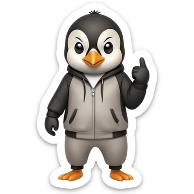 friendly anthropomorphised penguin wearing a mafia-style tracksuit, secretive scheming pose, angry expression, determined stride, holding a knuckle duster sticker