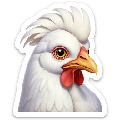 Cinematic Noble White Chicken Portrait Emoji, Poised and regal, with a compact, sturdy build and a pristine, well-groomed pure white plumage, deep-set soulful beady eyes, Simplified yet sharp and sophisticated features, highly detailed, glowing with a soft, dignified glow, high shine, intelligent and alert, stylized with an air of barnyard elegance, focused and attentive, soft glowing outline, capturing the essence of a watchful and confident fowl, so majestic it feels as though it could strut out of the screen with effortless authority! sticker