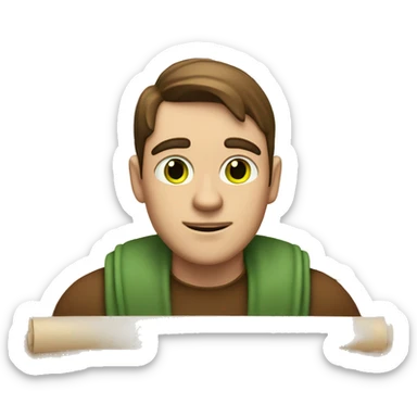 a light-skinned green-eyed man with brown hair sitting in front of the paper scroll  sticker