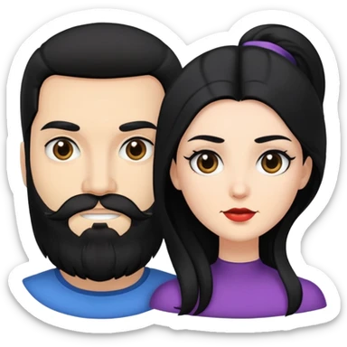 couple of newlyweds, white skin man with black hair and black beard; white skin woman with long black hair and black eyes sticker
